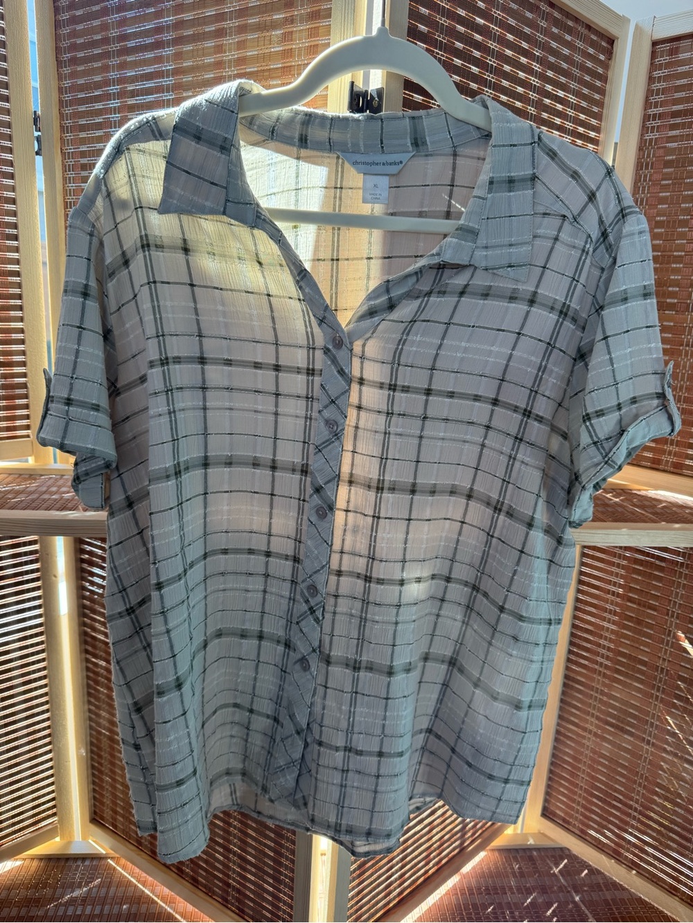 Christopher & Banks Gray Plaid Short Sleeve Button-Front Top N0355